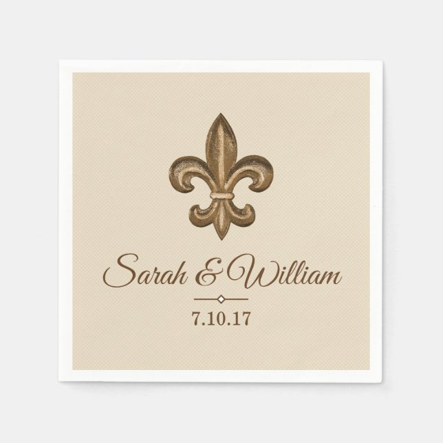 Guardanapo De Papel Elegante Gold Fleur de Lis & Taupe | Personalizado (Frente)