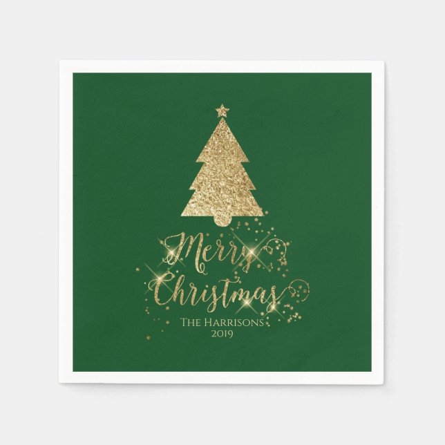 Guardanapo De Papel Elegante Green Dourado Feliz Natal Sparkle (Frente)