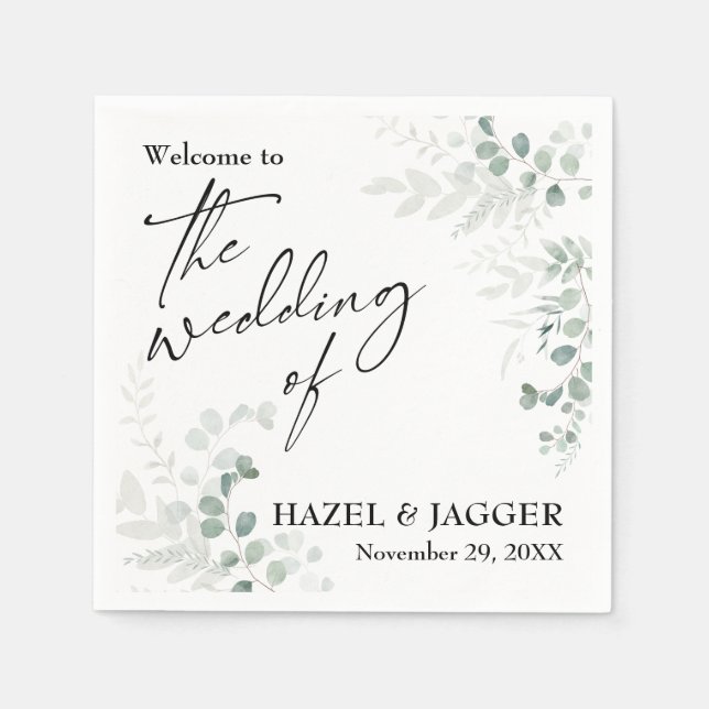 Guardanapo De Papel Elegante Greenery Bem-vindo ao Casamento de (Frente)