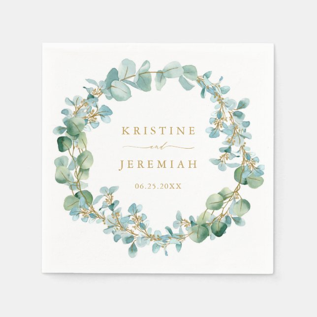 Guardanapo De Papel Elegante Greenery Wreath Dourado Casamento Eucalyp (Frente)