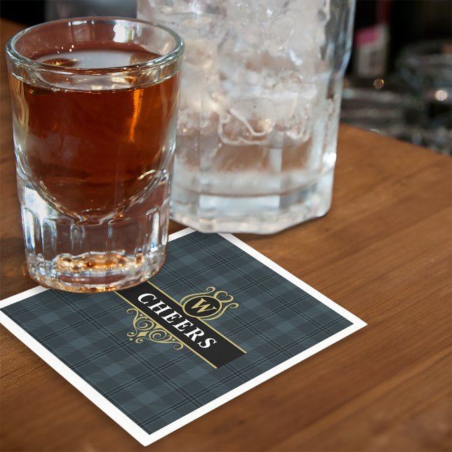 Guardanapo De Papel Elegante Inicial de Monograma em Xadrez Preto e Do (Criador carregado)