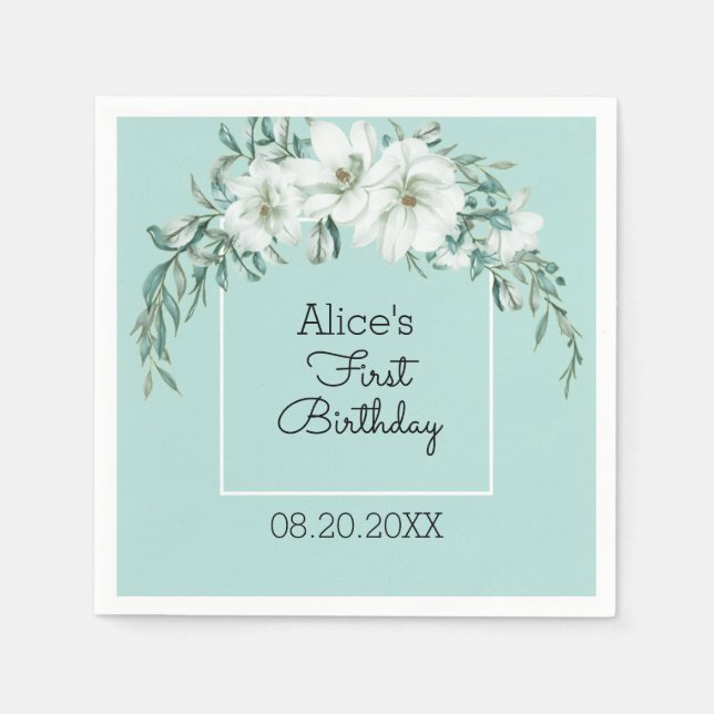 Guardanapo De Papel Elegante Magnolia primeiro aniversario Verde Paste (Frente)