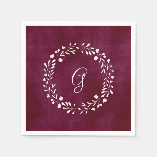 Guardanapo De Papel Elegante Marsala | Monograma com Wreath (Frente)