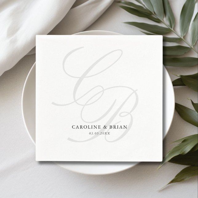 Guardanapo De Papel Elegante, Monograma, Casamento (Elegant, Monogram, Wedding Napkins, script font, grey & white.)