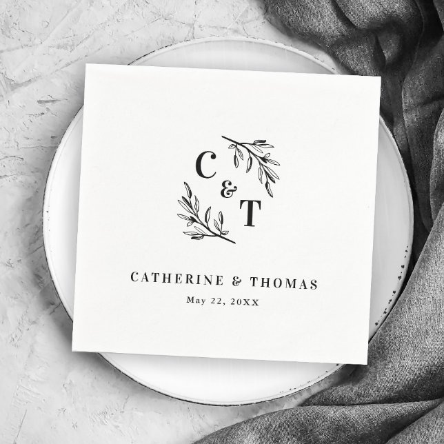 Guardanapo De Papel Elegante Monograma Greenery deixa casamento (Elegant Monogram Greenery Leaves Wedding Napkins.)