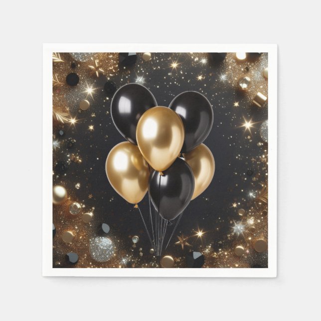 Guardanapo De Papel Elegante negro e Dourado balão brilhante Aniversár (Frente)
