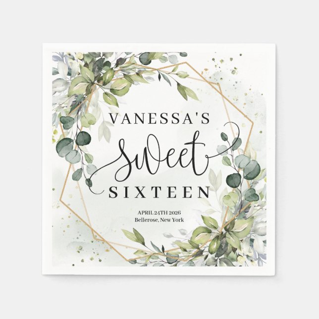 Guardanapo De Papel Elegante ouro botânico verde eucalipto Doce 16 (Frente)