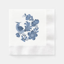 Elegante Pássaro de Arte Folclórica Azul e Floral