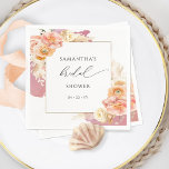 Guardanapo De Papel Elegante Peach e Burgundy Floral Chá de panela<br><div class="desc">Torne seu chá de panela especial com esses guardanapos florais personalizados, mostrando uma bela estrutura floral de aquarela com manchas de cor de água delicada e em cascata. Bridal em lindas caligrafias escritas à mão. Floral em uma fina mistura de pêssego, creme, champanhe e matizes. Moldura em folha de ouro...</div>
