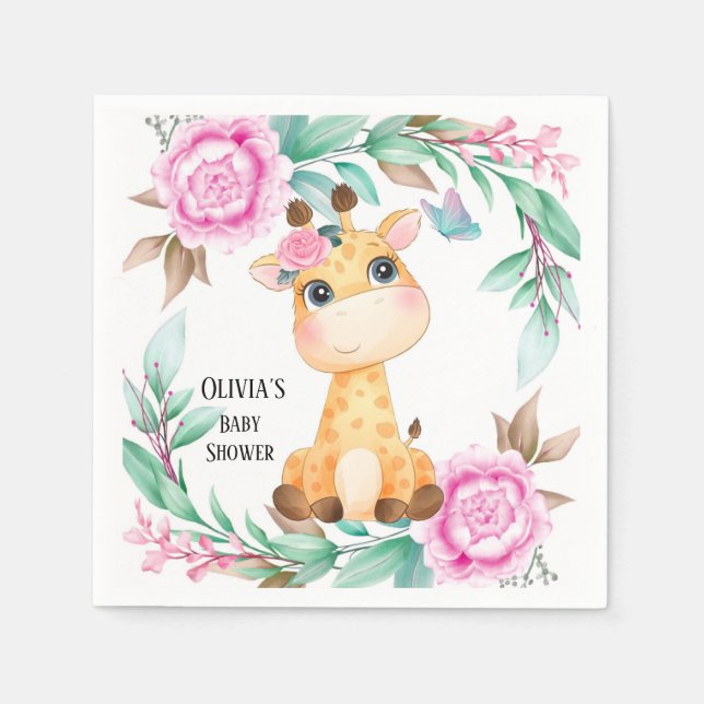 Guardanapo De Papel Elegante Peony Rosa e uma Girafa Bonita Personaliz (Frente)