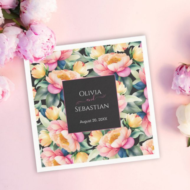Guardanapo De Papel Elegante Peony Watercolor em preto | Casamento (Criador carregado)