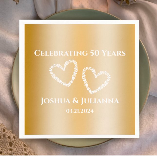 Guardanapo De Papel Elegante Personalizado Faux Dourado 50º Aniversári (Custom text faux gold gradient 50th wedding anniversary party .napkins, stylish hearts personalized
)