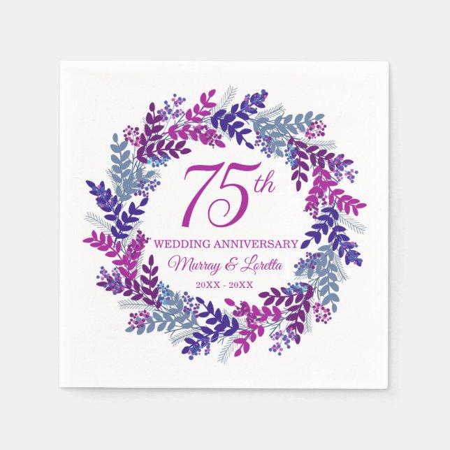 Guardanapo De Papel Elegante Pink Wreath 75º Aniversário (Frente)