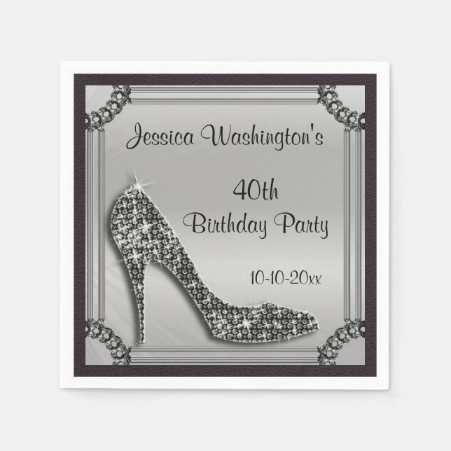 Guardanapo De Papel Elegante Prata Framboesa Estiletto aniversário de  (Frente)