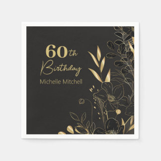 Guardanapo De Papel Elegante Preto Dourado Personalizado 60º Aniversár