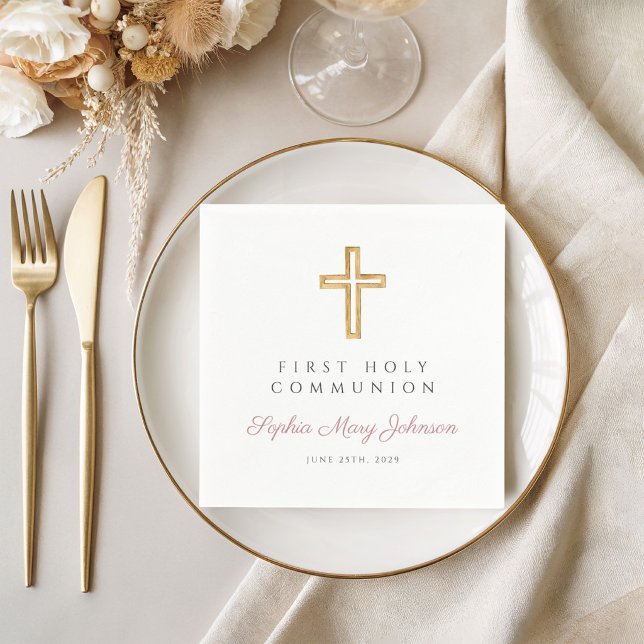 Guardanapo De Papel Elegante Primeira Comunhão Religiosa Rosa (Elegant Pink Religious First Holy Communion Napkins)