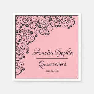 Guardanapo De Papel Elegante Quinceañera Black Swirls a Rosa