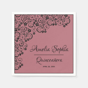 Guardanapo De Papel Elegante Quinceañera Black Swirls em cor-de-rosa
