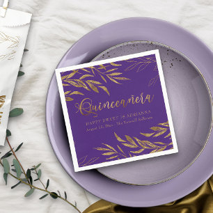 Guardanapo De Papel Elegante Quinceanera Roxo e Folha Dourada