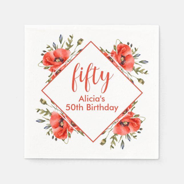 Guardanapo De Papel Elegante Red Poppy Greenery Cinquenta Aniversário (Frente)