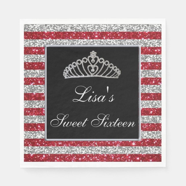 Guardanapo De Papel Elegante Red Silver Glitter Tiara Sweet 16 (Frente)