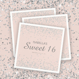 Guardanapo De Papel Elegante Rosa Bege Brilho Prata Nome Sweet 16