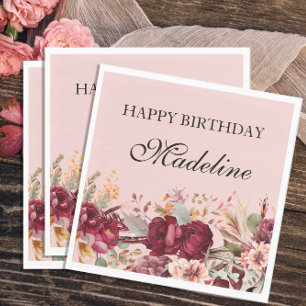 Guardanapo De Papel Elegante Rosa Borgonha Floral Feliz Aniversário