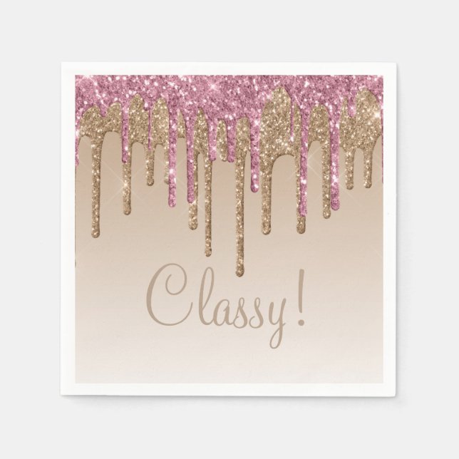 Guardanapo De Papel Elegante Rosa Dourado Glitter Glam Script Girly Om (Frente)