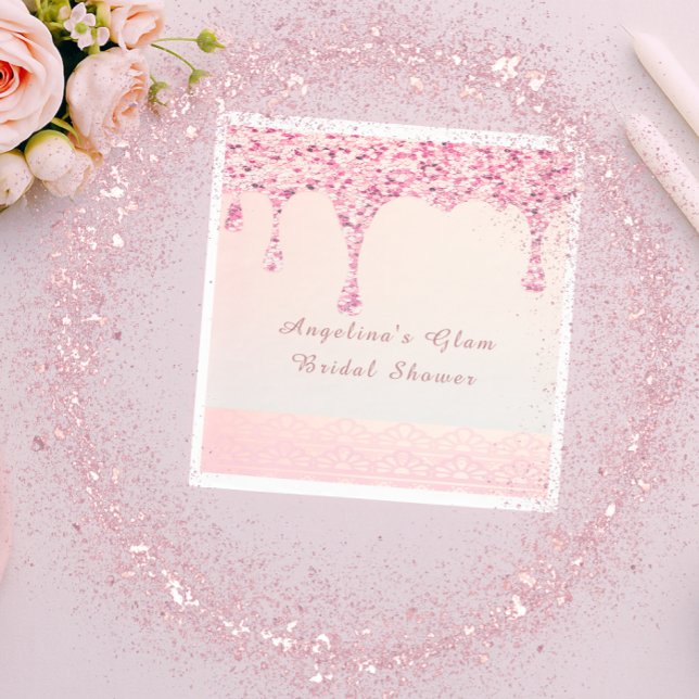 Guardanapo De Papel Elegante Rosa Glam Glitter Gotejamento Renda Chá d (Glam pink glitter drip napkin with lace and custom name for a modern bridal shower.)