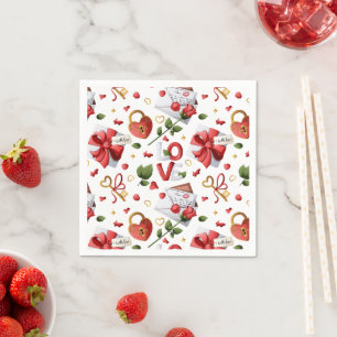 Guardanapo De Papel Elegante Rosa Vermelha e Fechadura com Coração Pad
