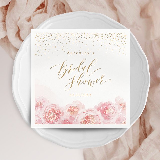 Guardanapo De Papel Elegante roteiro dourado e floral rosa claro para  (Elegant script gold & blush floral bridal shower napkins)