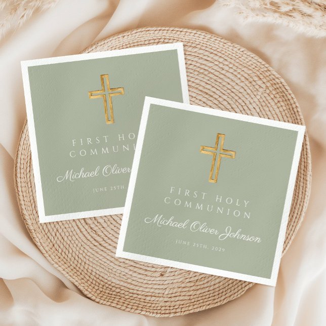 Guardanapo De Papel Elegante Sage Cruz Verde Primeira Comunhão Religio (Elegant Sage Green Cross Religious First Communion Napkins)