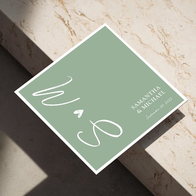 Guardanapo De Papel Elegante Sage Green Iniciais Personalizadas Casand (Personalized Sage Green Wedding Napkins - Elegant)