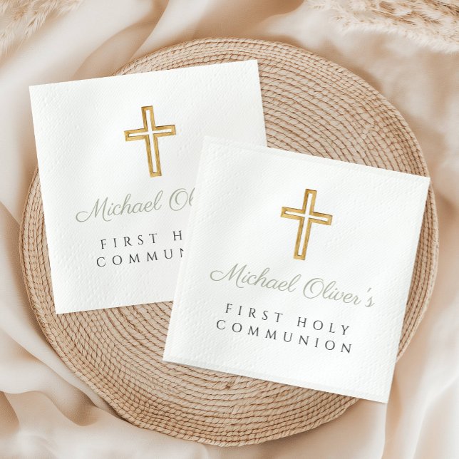 Guardanapo De Papel Elegante Sage Green Script Cross First Communance (Elegant Sage Green Script Cross First Communion Napkins)
