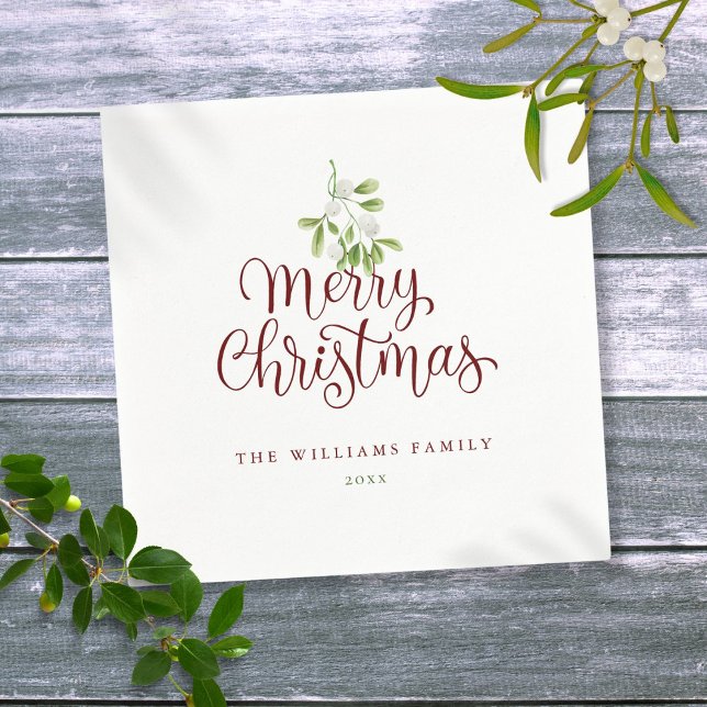 Guardanapo De Papel Elegante Script Feliz Natal Mistletodia (Elegant Script Merry Christmas Mistletoe Holiday Napkins)