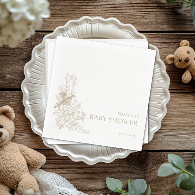 Guardanapo De Papel Elegante Tan Chinoiserie Nature Birds Chá de frald (Elegant Tan Chinoiserie Nature Birds Baby Shower Napkins)