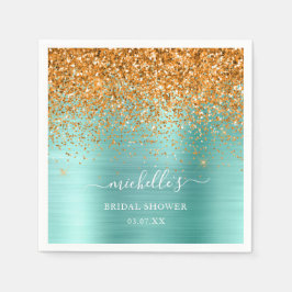 Guardanapo De Papel Elegante Teal Dourado Glitter White Sparkle Name