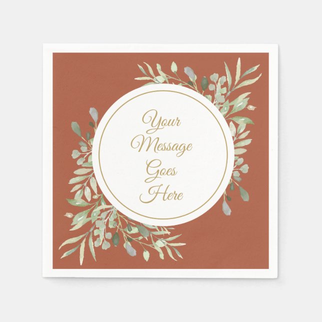 Guardanapo De Papel Elegante Terracota com Folhagem em Script Dourado (Frente)