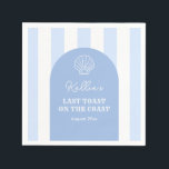 Guardanapo De Papel Elegante Último Brinde na Festa de Despedida de So<br><div class="desc">Este azul e branco elegante é baseado em uma concha de vieira desenhada à mão caprichosa contra um arco azul,  com um fundo listrado largo azul e branco. Por favor,  note que todos os elementos (arco,  listras,  concha,  texto) podem ser alterados para as suas próprias cores personalizadas).</div>