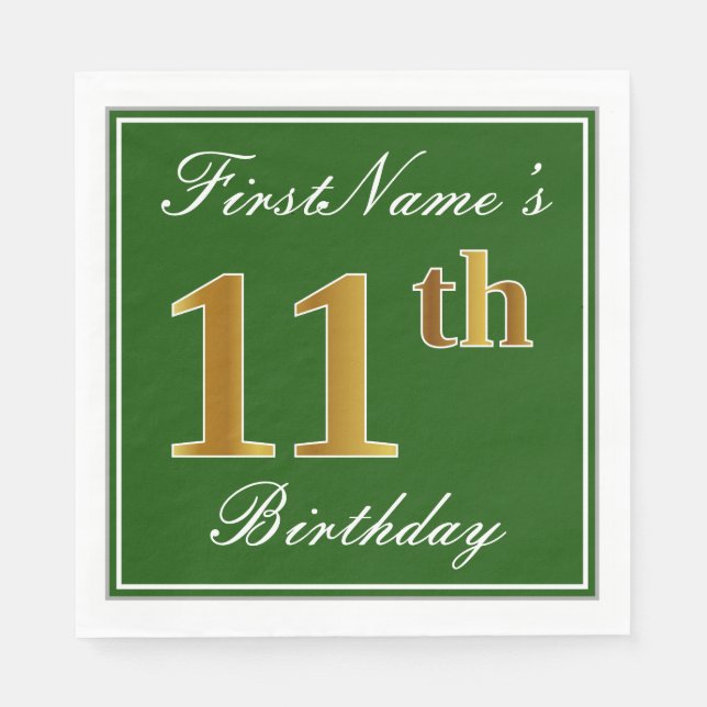 Guardanapo De Papel Elegante Verde, Faux Dourada 11 Birthday + Nome (Frente)