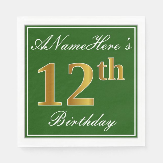 Guardanapo De Papel Elegante Verde, Faux Dourada 12 Birthday + Nome (Frente)