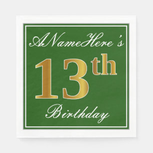 Guardanapo De Papel Elegante Verde, Faux Dourada 13 Birthday + Nome