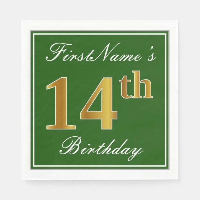 Guardanapo De Papel Elegante Verde, Faux Dourada 14 Birthday + Nome (Frente)