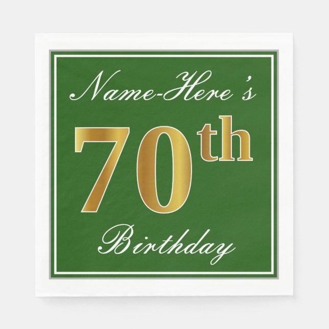 Guardanapo De Papel Elegante Verde, Faux Dourada 70 Birthday + Nome (Frente)