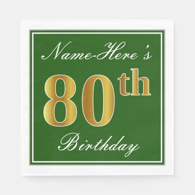 Guardanapo De Papel Elegante Verde, Faux Dourada 80 Birthday + Nome (Frente)