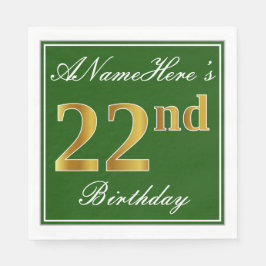 Guardanapo De Papel Elegante Verde, Faux Dourado 22º Aniversário + Nom