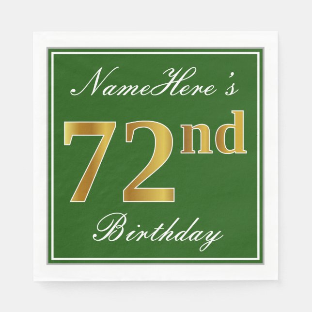 Guardanapo De Papel Elegante Verde, Faux Dourado 72º Aniversário + Nom (Frente)