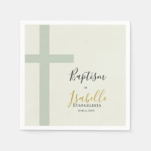 Elegante Verde Sage Dourado Minimal Cruz Batismo