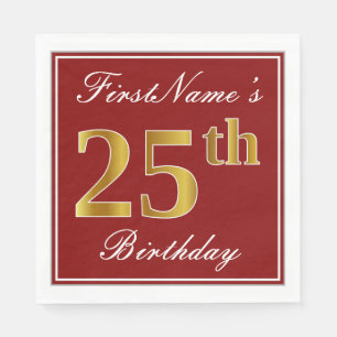 Guardanapo De Papel Elegante Vermelho, Faux Dourada 25 Birthday + Nome