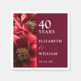 Guardanapo De Papel Elegante Vermelho Rubi Floral Moderno 40º Aniversá